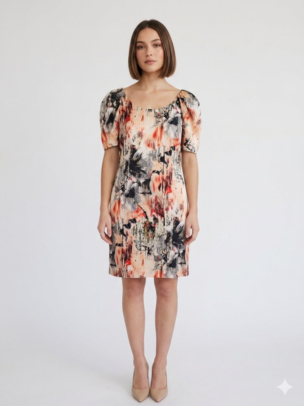 Max Mara 100% Silk Abstract Floral Puff Sleeve Dress Size Small Luxury Designer